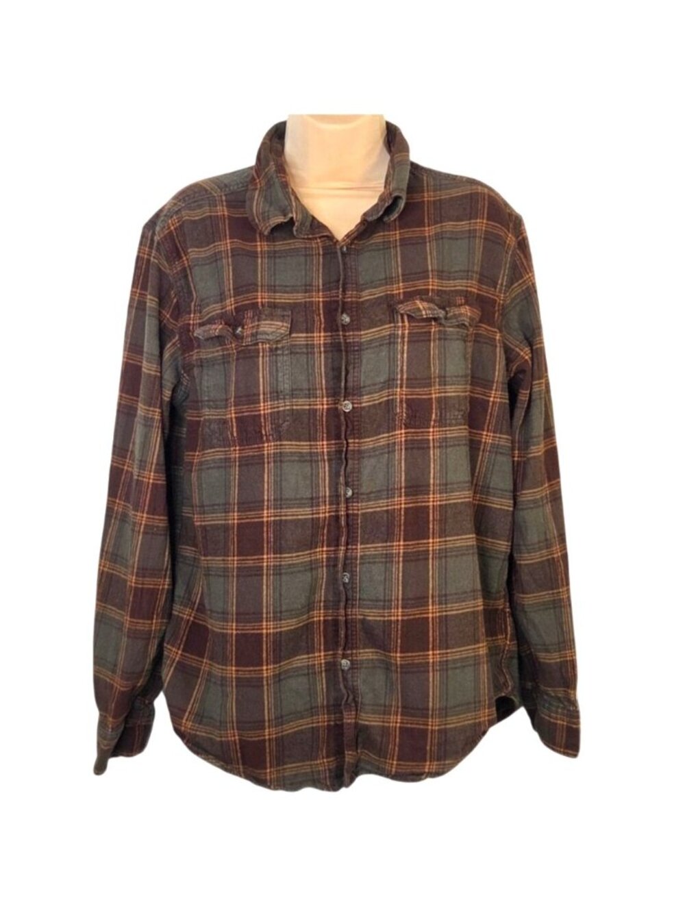 George Mens Plaid Long Sleeve Button Up Shirt L 42-44 Cotton Blend Brown Green